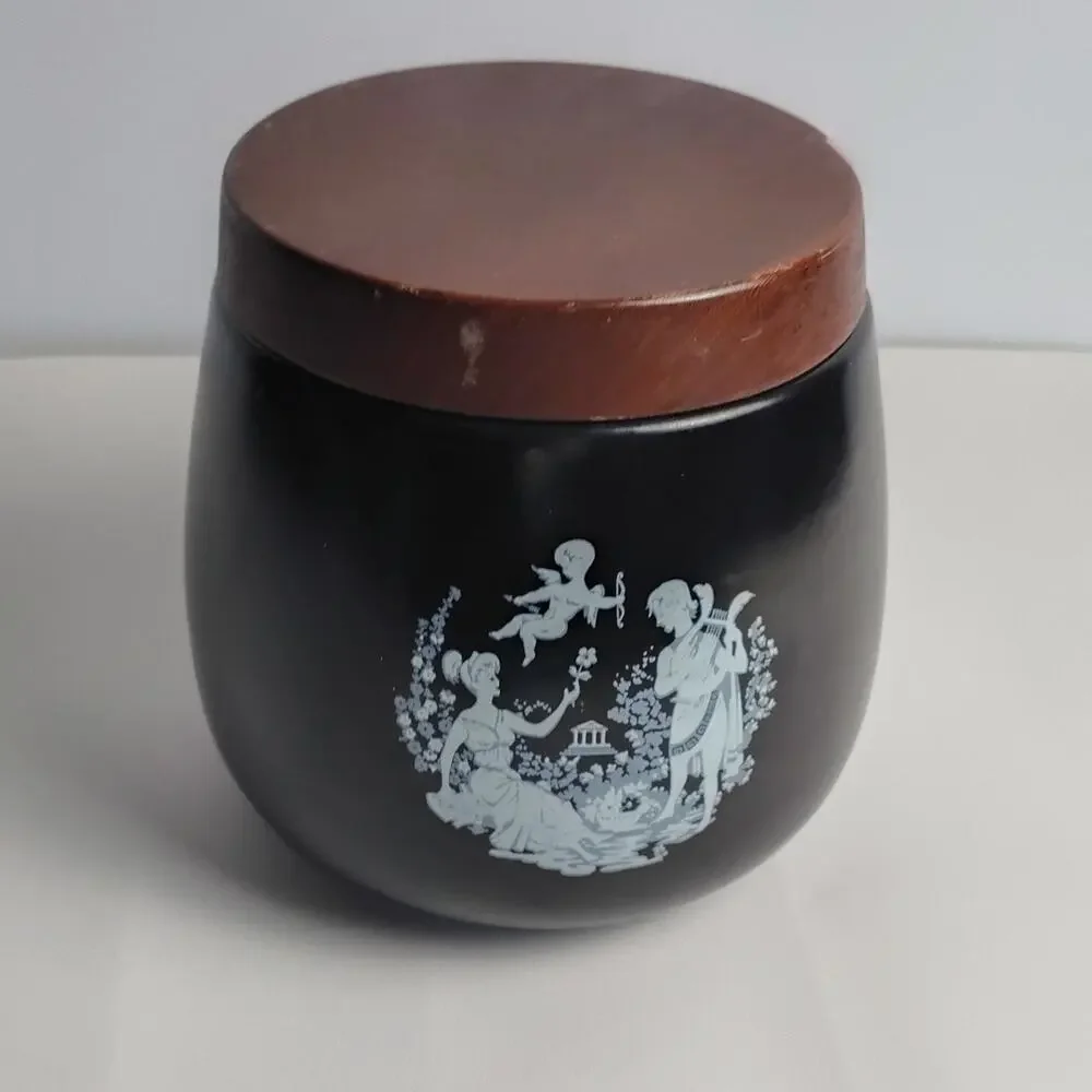 Vintage Ceramic Jar Canister Black White Brown Classical Scene Wood Lid Italy